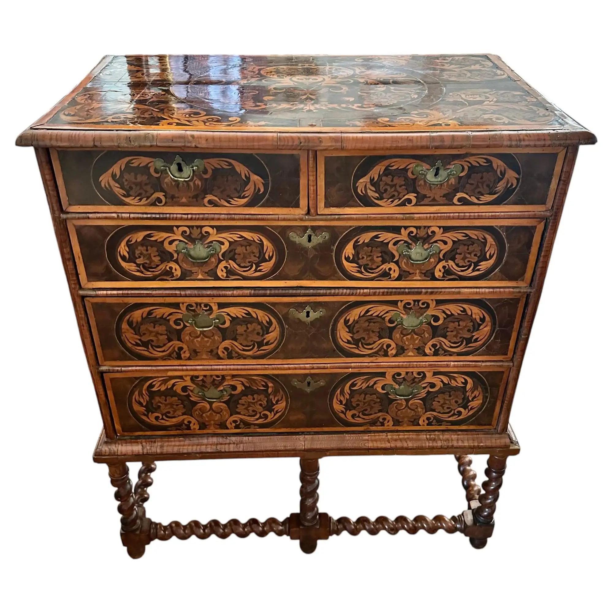 17th Century William and Mary Oyster Walnut and Seaweed Marquetry Chest on Stand - Image 2
