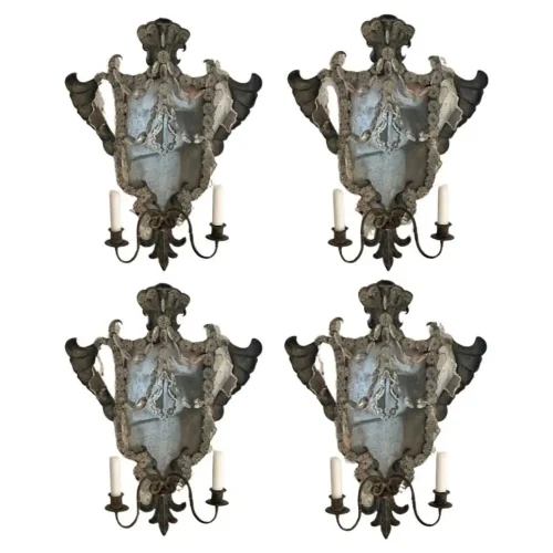 Set of Four 19th Century Venetian Iron Mirrored Sconces