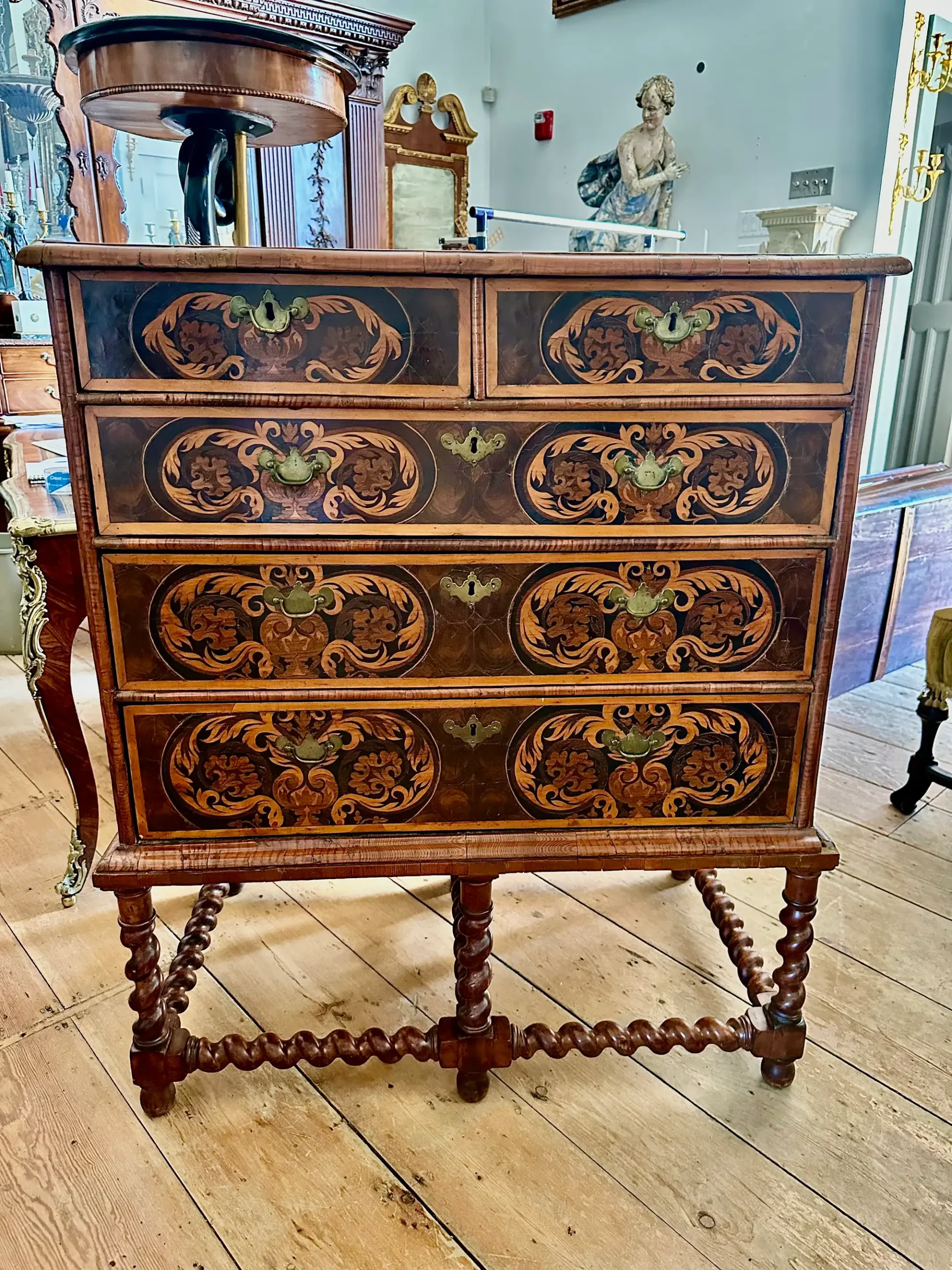 17th Century William and Mary Oyster Walnut and Seaweed Marquetry Chest on Stand - Image 3