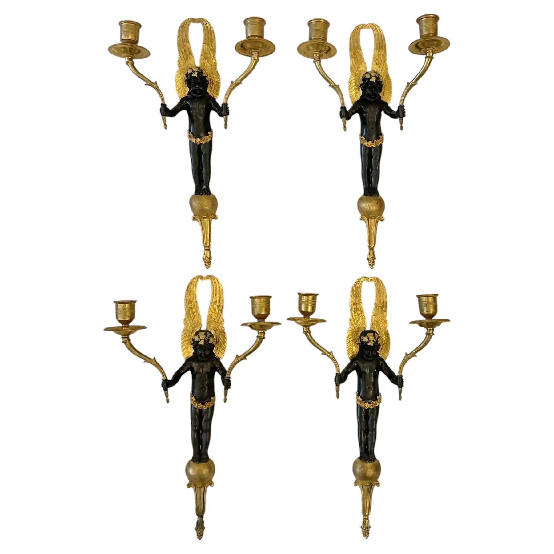Four Empire Style Gilt and Patinated Bronze Cherub Sconces