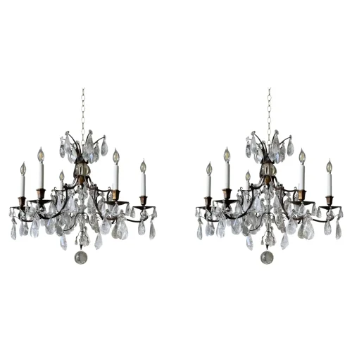 Pair of Maison Bagues Patinated Iron and Rock Crystal Chandeliers